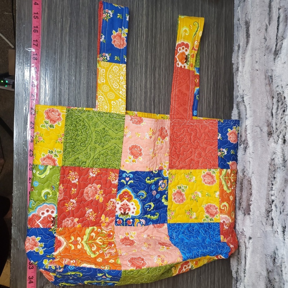 Machine Quilted Color Block Floral‎ Grocery / Yarn Tote Bag